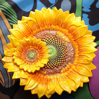 Ceramic Chip & Dip Platter,11 inches Double Layer Hand-painted Yellow Decorated Plate -Sunflower