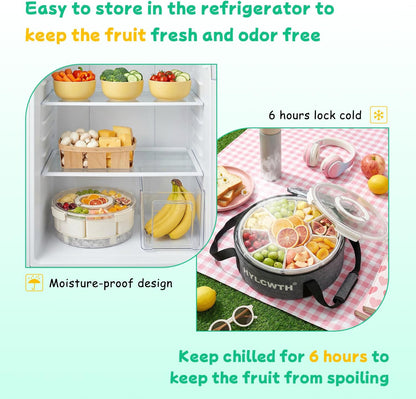 Divided Serving Tray with Lid and Handle, Rounded Snackle Box with 6 Compartments and Chill Base for Fruits, Candy, Veggie, Travel Snack Container with Portable Insulated Bag & Ice Cube Tray & 5 Forks