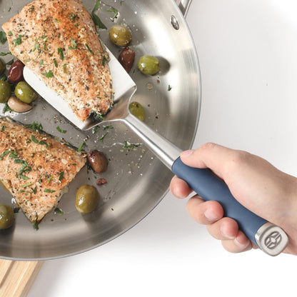 Calphalon Slotted Turner, Kitchen Flipping Spatula, Slotted Spatula, Stainless Steel Turner with Silicone Heat Resistance Handle, Nonstick-Safe Spatula for Draining and Flipping (Navy)