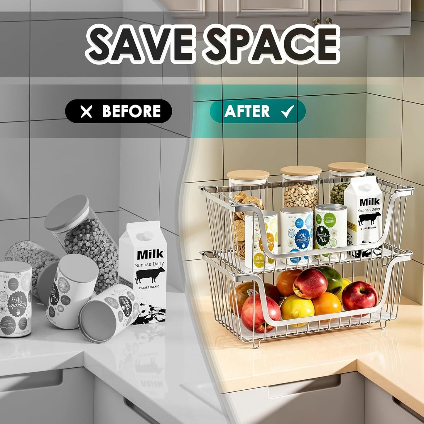 GAOKASE 4 Pcs Stackable Wire Baskets for Pantry Organizers and Storage,Vegetable Fruit Basket for Countertop,Kitchen Storage Metal Baskets,Produce Potato Onion Storage Bin-Black