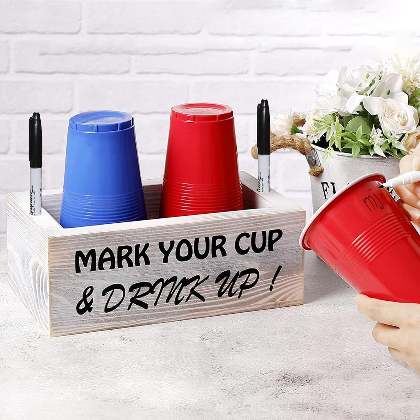 Wooden Cup Holder with Marker Slot, Disposable Plastic Party Cup Organizer for Holiday Gatherings - Hosting Essential to Mark Your Cup & Drink Up, Prevent Mix-Ups, Reduce Waste