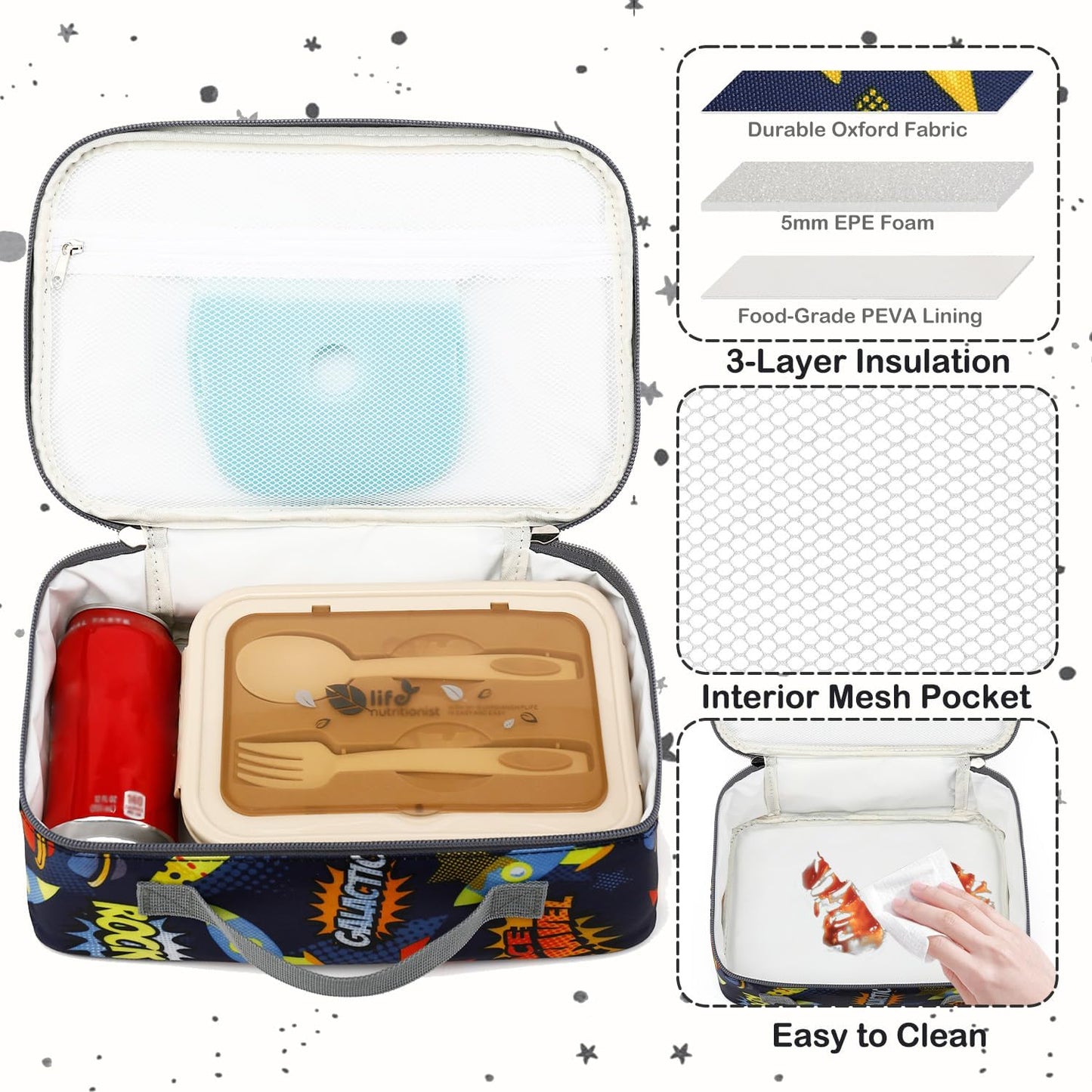 FlowFly Kids Lunch box Insulated Soft Bag Mini Cooler Back to School Thermal Meal Tote Kit for Girls, Boys, Black