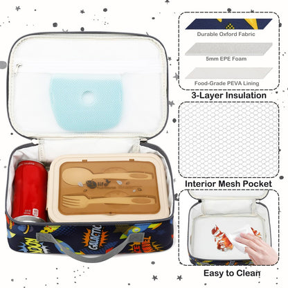 FlowFly Kids Lunch box Insulated Soft Bag Mini Cooler Back to School Thermal Meal Tote Kit for Girls, Boys, Black