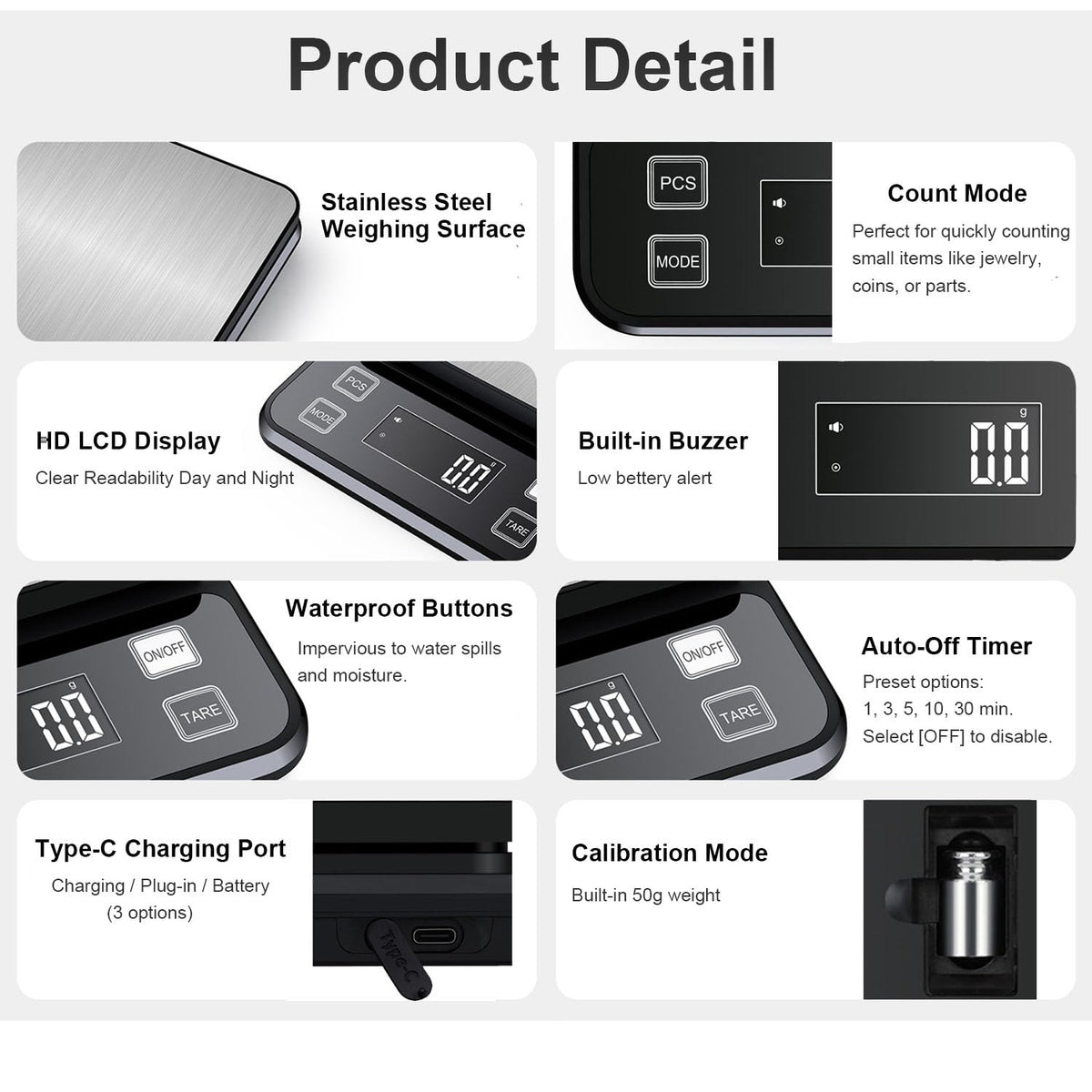 Waterproof Digital Kitchen Scale 0.1g/0.001oz Precision, Stainless Steel Electronic Scale with 3 Power Options (Rechargeable/AAA/Built-in), 10 Units Conversion, Smart Standby, 5kg/11lb Capacity