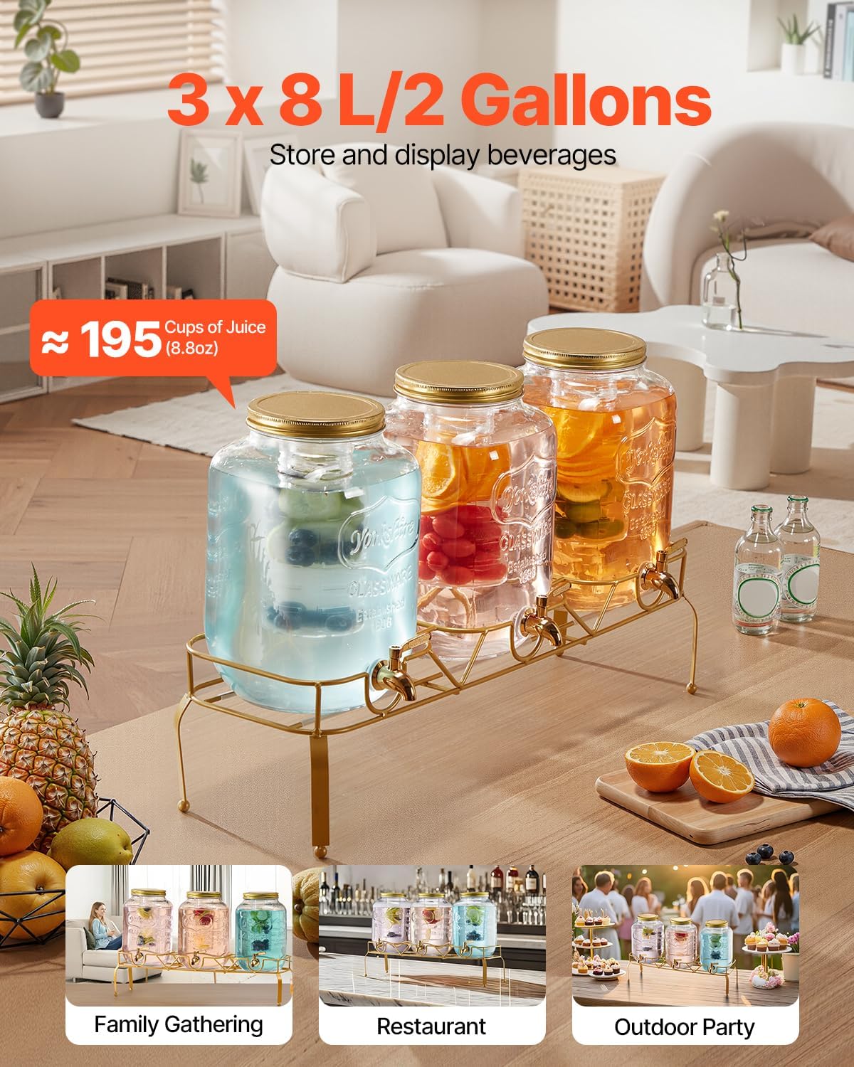 VEVOR Beverage Dispenser, 3 Pack 2 Gallon Drink Dispensers for Parties, Glass Juice Dispenser with Metal Stand, Stainless Steel Spigot, Infuser, Iced Tea Lemonade Juice Water Dispensers for Parties