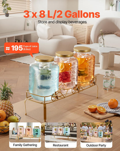 VEVOR Beverage Dispenser, 3 Pack 2 Gallon Drink Dispensers for Parties, Glass Juice Dispenser with Metal Stand, Stainless Steel Spigot, Infuser, Iced Tea Lemonade Juice Water Dispensers for Parties