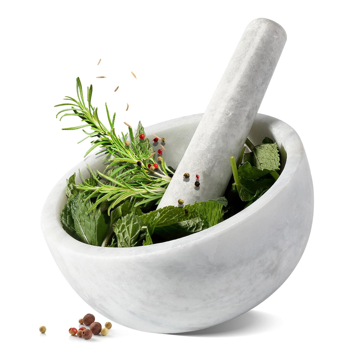 Koville Luxury Marble Mortar and Pestle Set, 7"-4cups Grinder Bowl for Guacamole, Salsa, Pill Crusher, Spice, Herb, Garlic, Nut, Heavy Duty Grinder for Kitchen