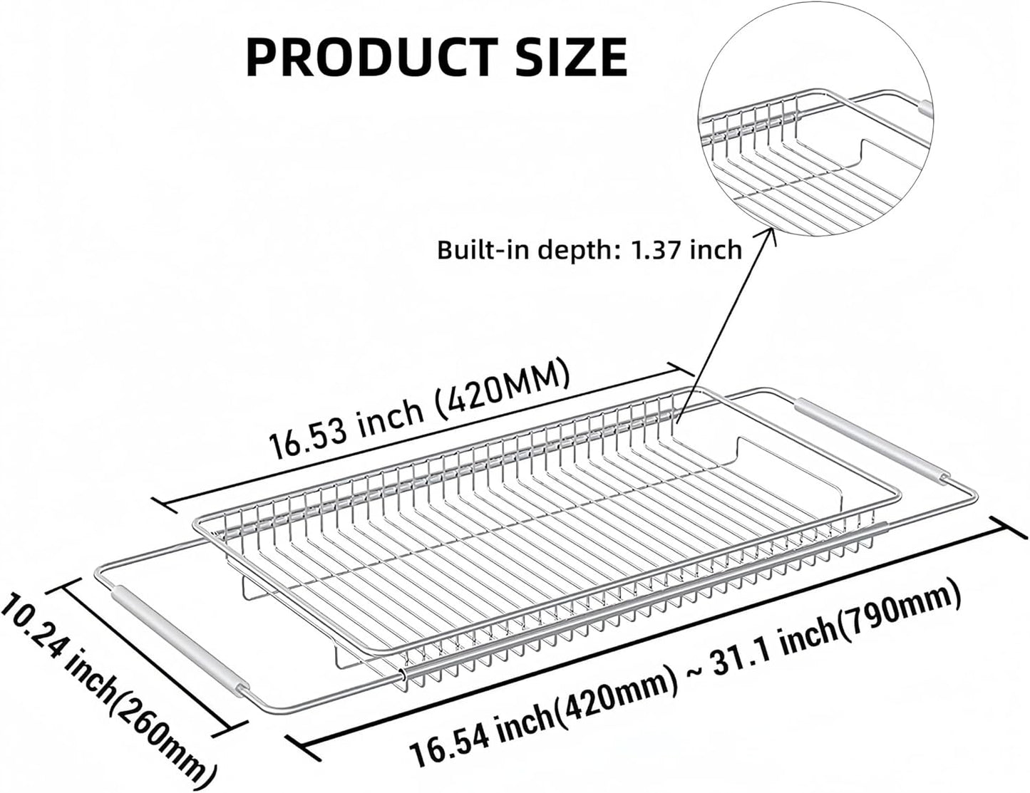 Expandable Over The Sink Dish Drainer Drying Rack, Stainless Steel Metal, Small Adjustable Dish Drainer Drying Rack for Kitchen Counter, Space Saving for Compact Kitchen