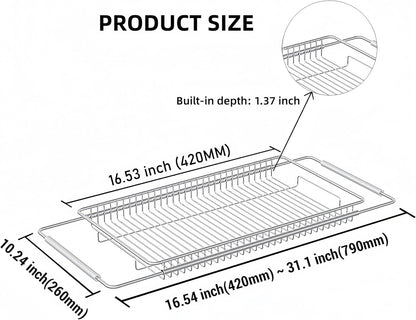 Expandable Over The Sink Dish Drainer Drying Rack, Stainless Steel Metal, Small Adjustable Dish Drainer Drying Rack for Kitchen Counter, Space Saving for Compact Kitchen