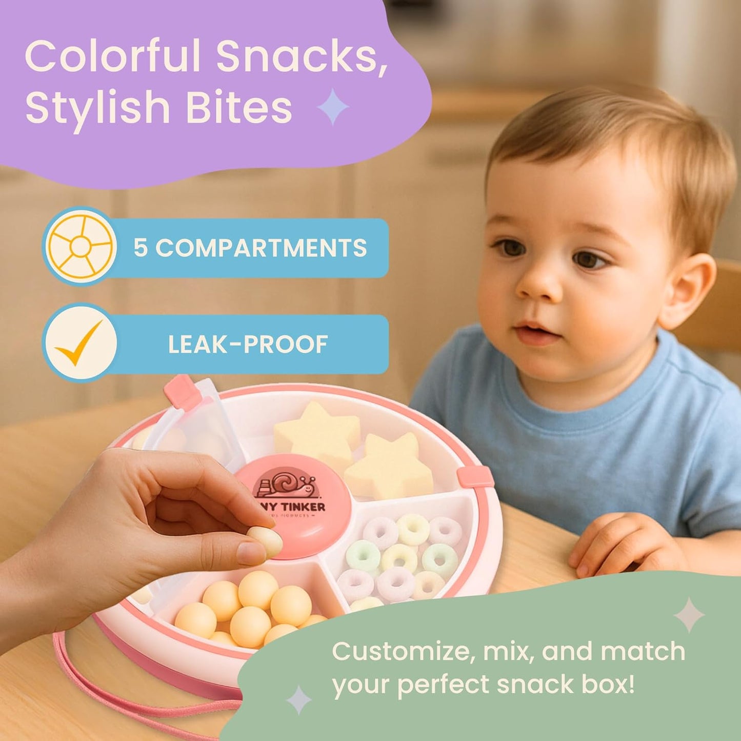 Snack Container for Toddlers with Lid, 5-Compartment BPA-Free Toddler Snack Spinner – Non Toxic, Leak-Proof, Easy Open, Dishwasher Safe Travel Snack Box for Toddlers (Mint Green)
