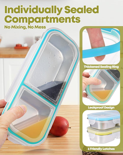 2Pack Stainless Steel Snack Containers for Kids Adults, Reusable 3 Compartment Snackle Box Container with Leakproof Lids Metal Bento Lunch Boxs Food Storage Containers for Travel Picnics Office School