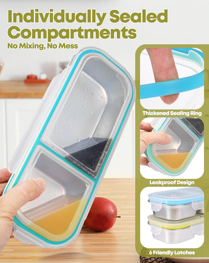 2Pack Stainless Steel Snack Containers for Kids Adults, Reusable 3 Compartment Snackle Box Container with Leakproof Lids Metal Bento Lunch Boxs Food Storage Containers for Travel Picnics Office School
