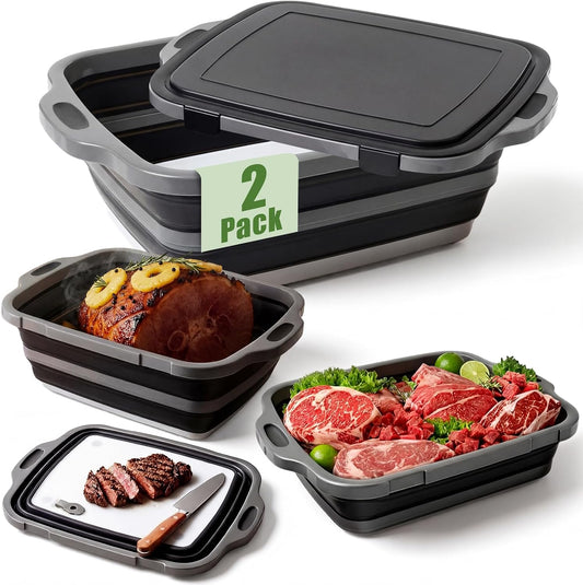 2 Pack Collapsible BBQ Prep Tub with Lid 2 Gal (8 L) 4-in-1 Marinating Tub Cutting Board Serving Tray Drink Chiller for Meal Prep Marinating Food, Grilling Picnic Camping BBQ Outdoor