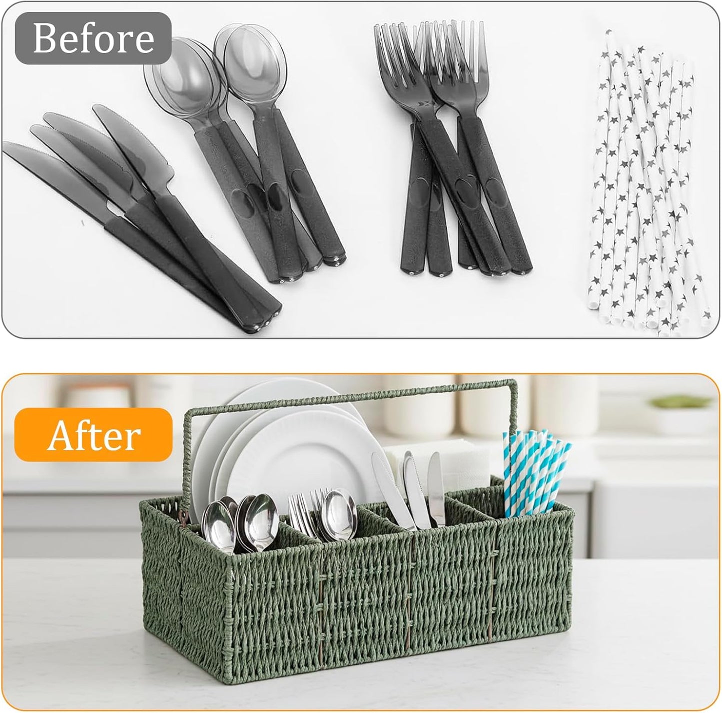 Utensil Holder, Hand Woven Silverware Caddy, 5 Compartments Flatware Organizers, Paper Plate Dispenser with Handle, Kitchen Countertop Organizer for Spoons Forks Plates Napkins, Green