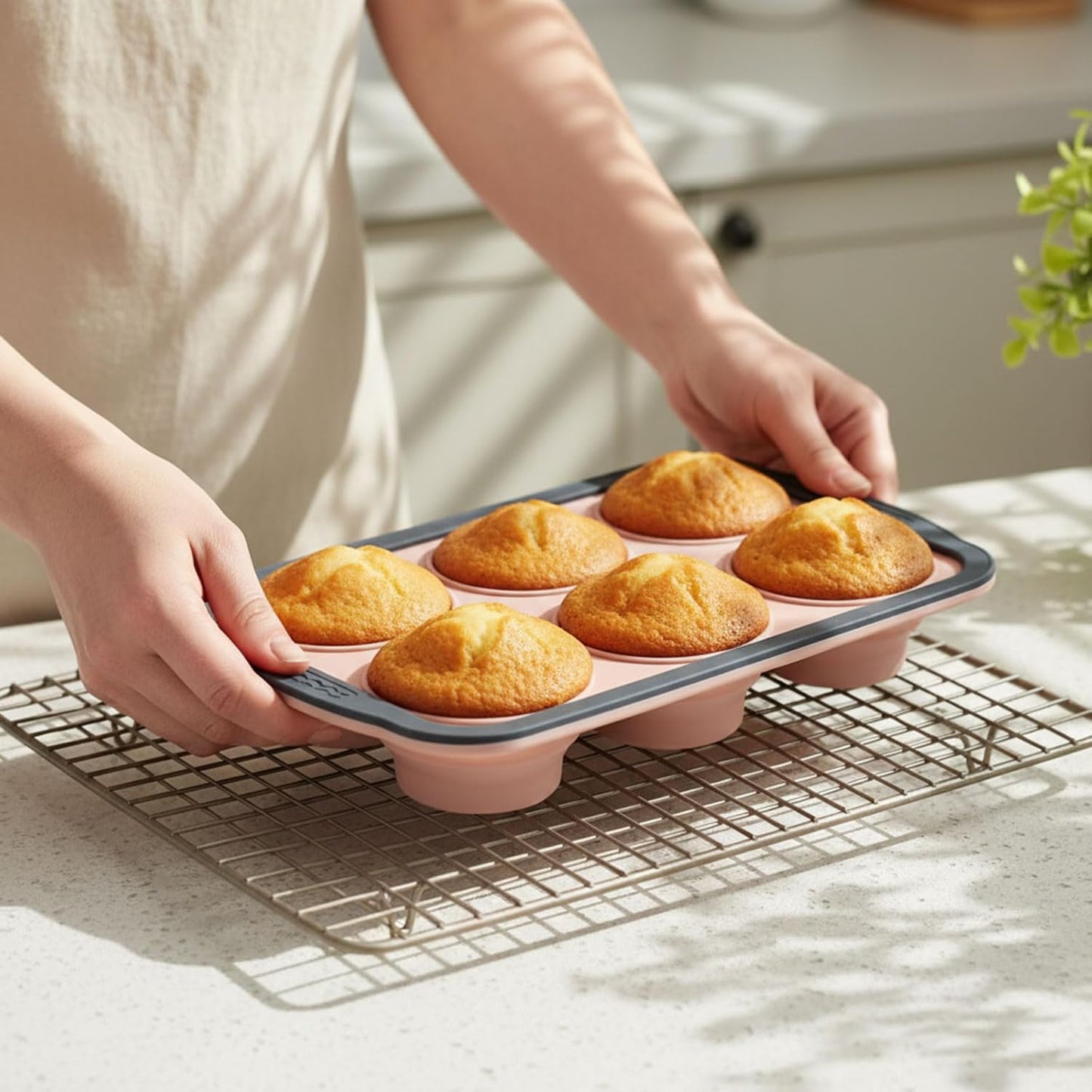 2 Pack Silicone Muffin Pan for Baking with Metal Frame, Collapsible 6 Cup Cupcake Baking Tray, Nonstick Bpa Free Silicone Muffin Tins for Oven, Dishwasher Safe Foldable Cupcake Molds (Pink)