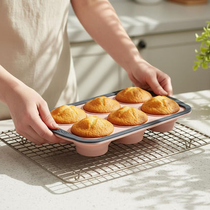 2 Pack Silicone Muffin Pan for Baking with Metal Frame, Collapsible 6 Cup Cupcake Baking Tray, Nonstick Bpa Free Silicone Muffin Tins for Oven, Dishwasher Safe Foldable Cupcake Molds (Pink)