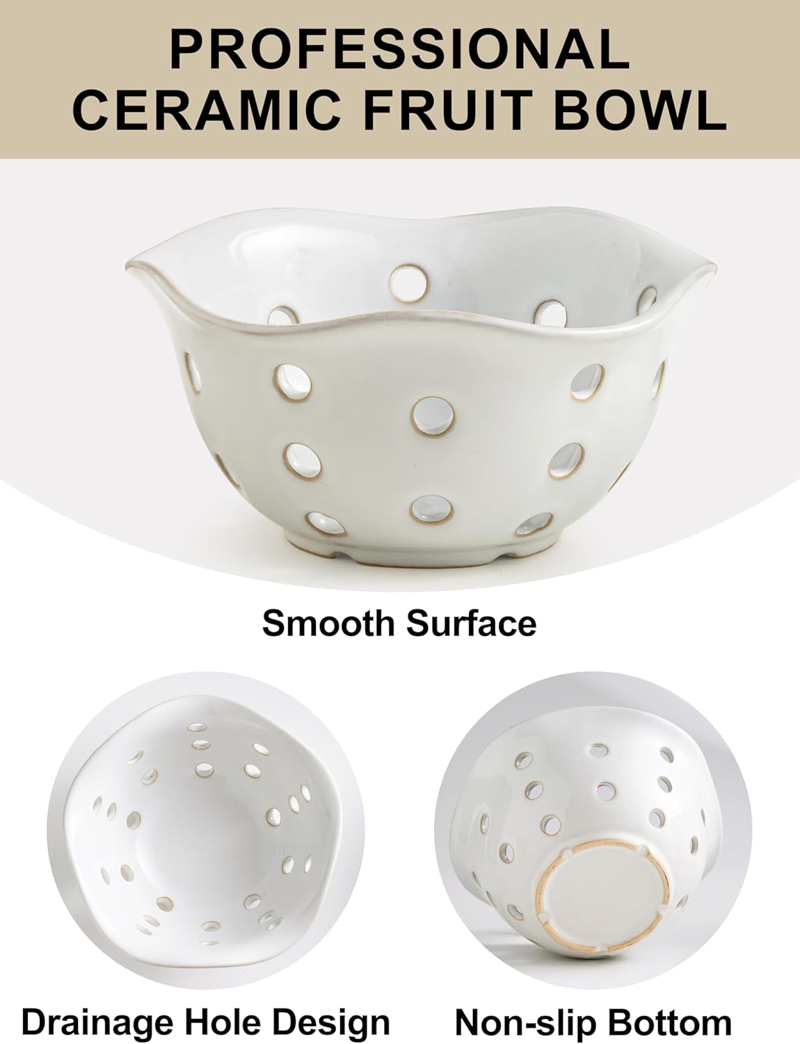 Gomakren Berry Bowls with Holes Ceramic, Berry Washing Bowl Basket Set of 2, 5.8 Inch Round Fruit Bowl Storage Containers, Strawberry Baskets, Farmhouse Kitchen Decor, Yellow + Brown