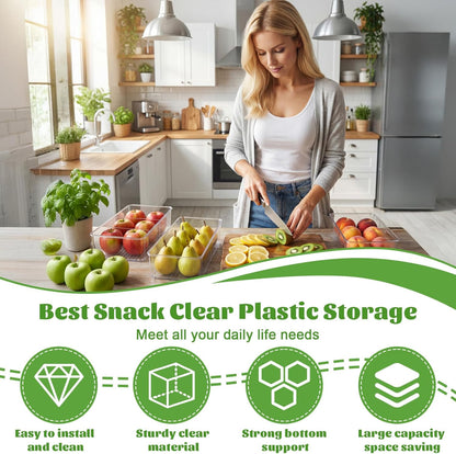 Mifoci 16 Pcs Snack Pantry Organizer and Storage, Clear Plastic Storage Bins with 3 Divider for Kitchen Fridge Shelf Cabinet, Stackable 4 Compartment Container for Pouch, Spice Packet, Snack Organizer