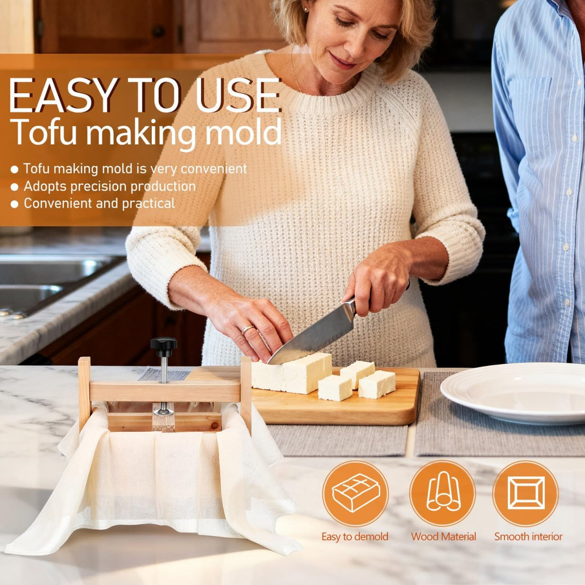 Luxshiny 1 Set Wooden Tofu Mold: 6.68 Inch Tofu Press with Cloth Bean Curd Maker Mold Kitchen Tool for Soybean Curd and Cheese Making