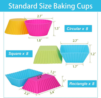 24Pack Silicone Muffin Cups, Reusable Cupcake Liners Molds for Baking, 3 Shapes Lunch Box Bento Dividers-Round, Square, and Rectangular (Orange Series, Regular Size)