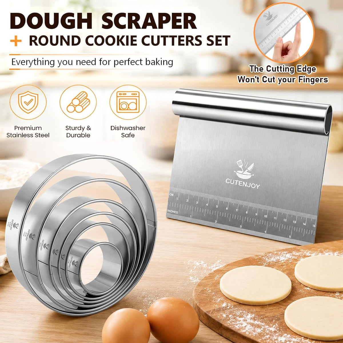 Bench Scraper with 6-Piece Round Cookie Cutters Set, Stainless Steel