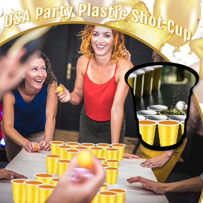 Roshtia 100 Pack 2 oz Plastic Shot Cups, Mini Disposable Shot Glasses 2 oz Wedding Party Cups for Bridal Shower Wedding Party, Beer Taste Serving, Snacks(Black, Gold)
