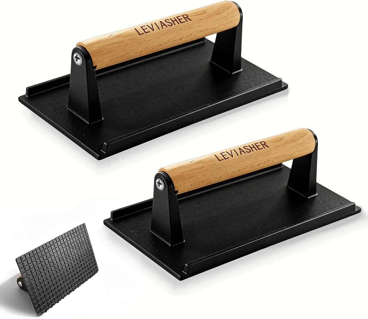 2.1lb Steak Weight & Burger Press, Grid Base, 7"X4" Rectangle Heavy Duty Cast Iron Grill Press with Wood Handle for Blackstone, Chef, Camp, Panini, Vegetable, Bacon, Sandwich, BBQ