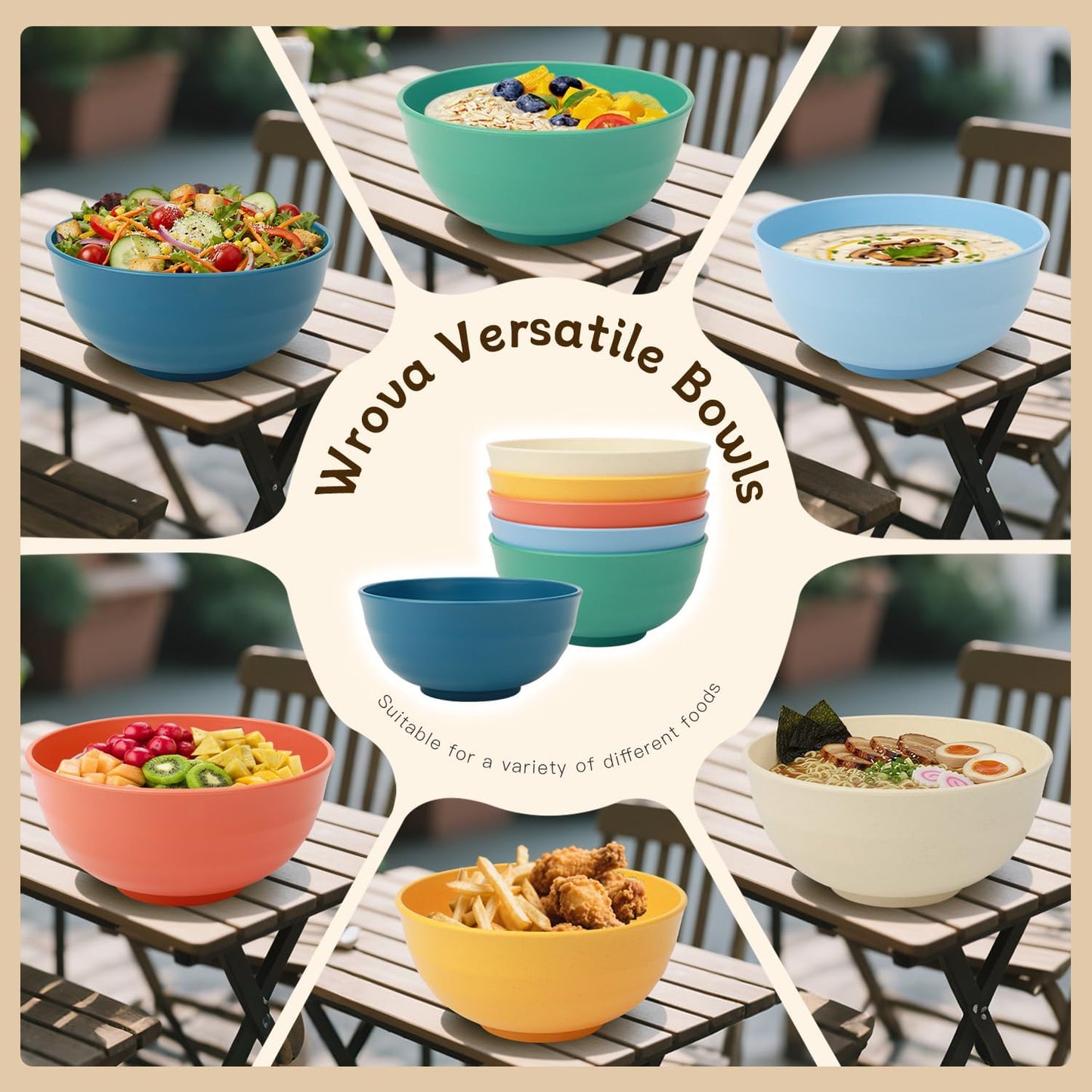 Wrova Wheat Straw Bowls for Kitchen set of 6,Anti-Scald Thick Soup Bowls 40oz,Microwave and Dishwasher Safe Bowl Sets, Unbreakable Cereal Bowl Sets. Vibrant Series