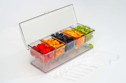 Ice Chilled 5 Compartment Condiment Serving Tray; Condiment Caddy with 5 Removable Containers; Cold Serving Trays for Food Party; Bar Accesories Fruit and Salad Caddy with Lid