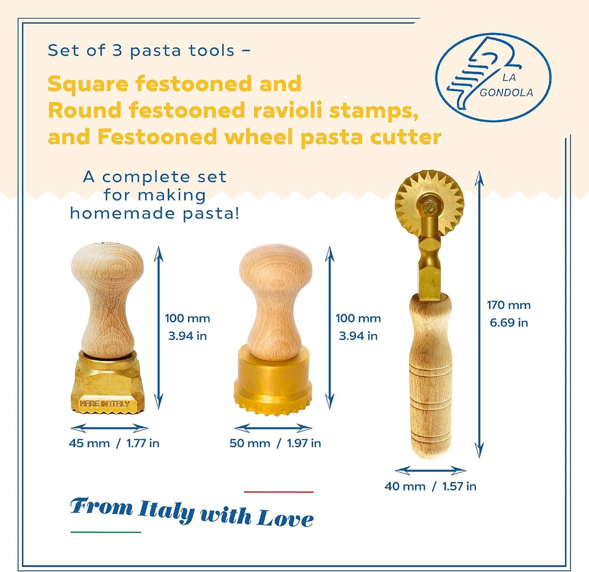 La Gondola Set of 3 Pasta Tools - Square Festooned 1.77x2.16in & Round Festooned 1.97in Ravioli Stamps & Pasta Cutter Festooned Wheel | Brass & Natural Wood | Easy to Use | Pasta Cutters Made in Italy