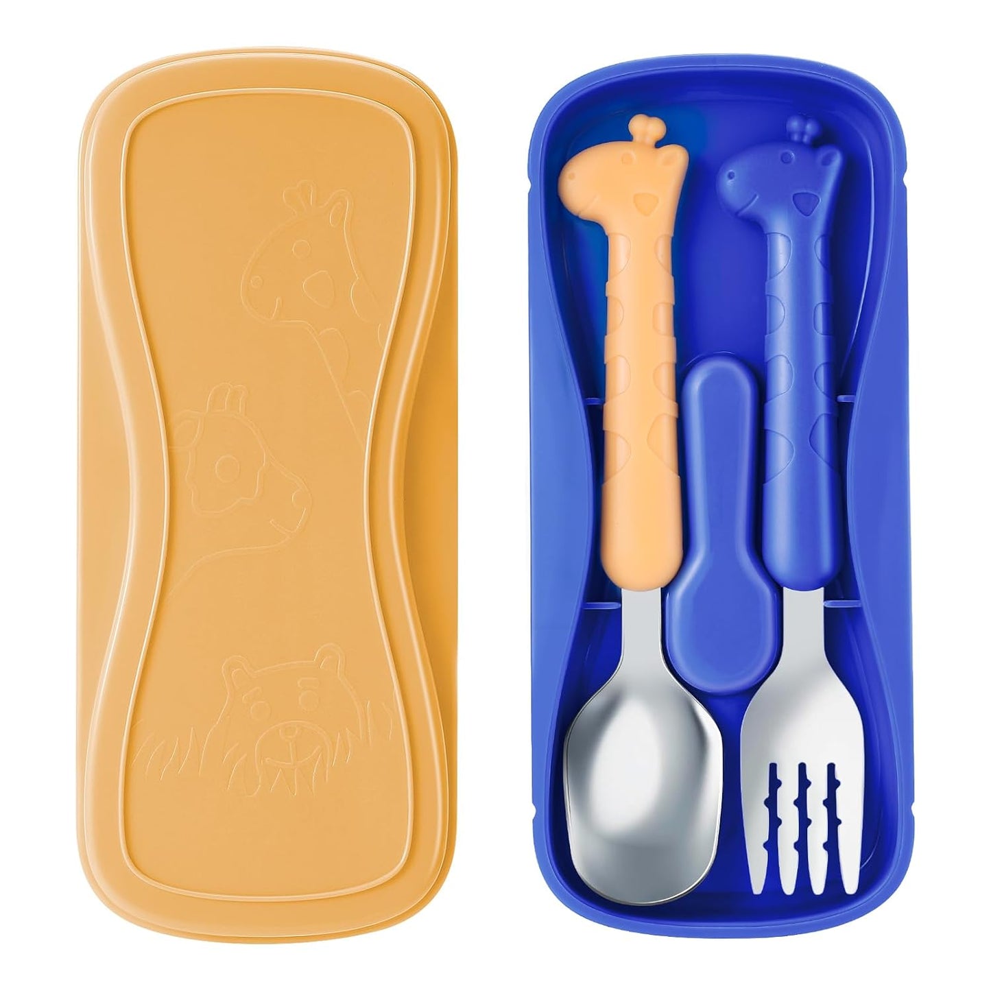 lohodo Toddler Utensils Kids Spoon and Fork Set 18/8 Stainless Steel Silverware BPA Free Pink & Purple Cute Giraffe Child Flatware with Travel Case for Age 3+