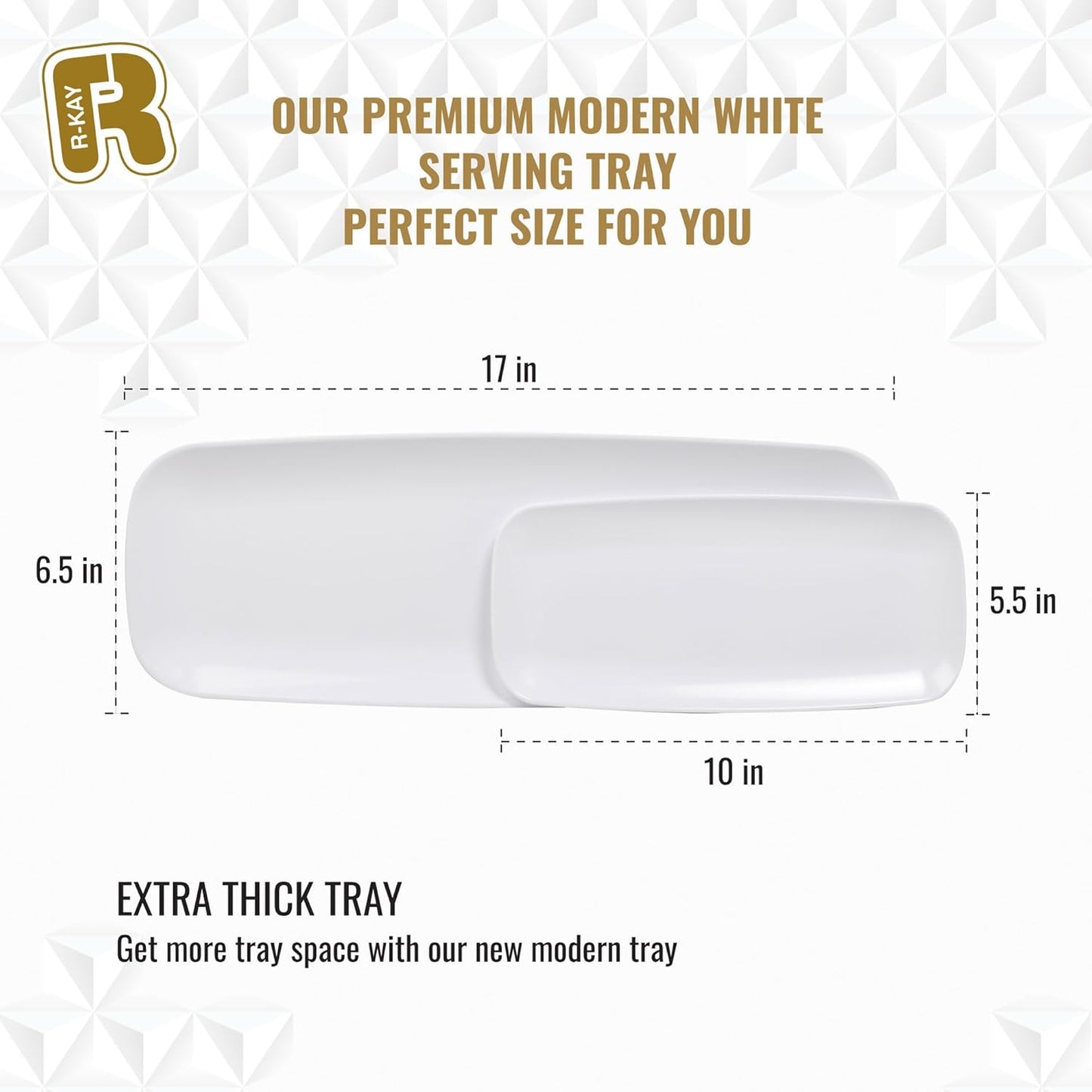R-kay 4 Pack White Plastic Serving Trays for Party - White Serving Tray 17 by 6.5 in - Rectangular Heavy Duty Dessert Trays for Food