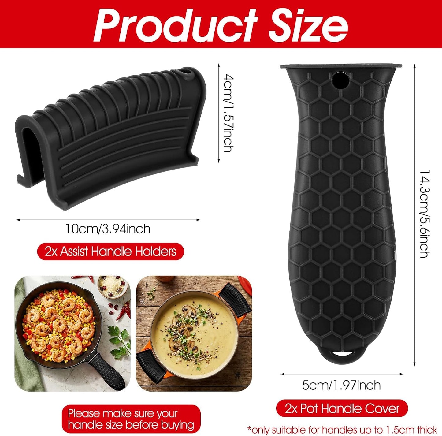 Grevosea 4 Pack Cast Iron Skillet Handle Covers, Pot Handle Holders Heat Resistant Non-Slip Cast Iron Silicone Handle Grip Pan Handle Sleeve for Frying Pans Kitchen Supplies (Red)