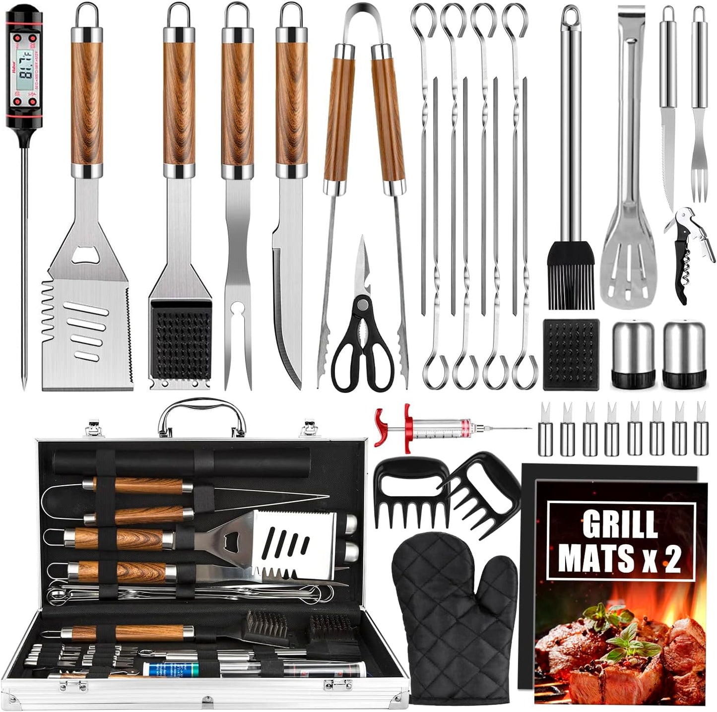 Cifaisi BBQ Grill Accessories Set, 38Pcs Stainless Steel Grill Tools Grilling Accessories with Aluminum Case, Thermometer, Grill Mats for Camping/Backyard Barbecue, Grill Set for Men Women