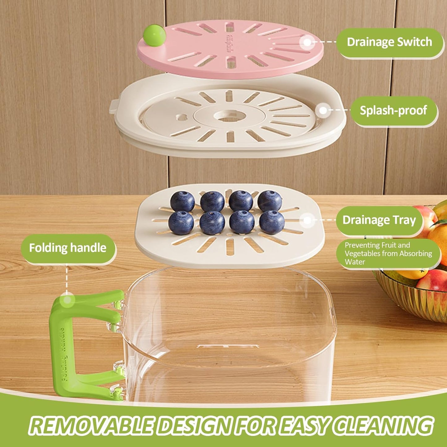 Fruit Vegetable Washing Bowl with Strainer - Multifunctional Berry Container, Produce Washer & Draining Colander Basket with Lid for Fridge Storage (Pink)