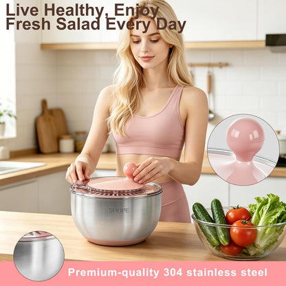 Stainless Steel Salad Spinner Large with 5 Blades Slicer, Lettuce Washer Spinner and Dryer, Vegetable Fruits Chopper Bowl, Egg Yolk Strainer Comes with Dipping Saucers and Clip, 5.3Qt