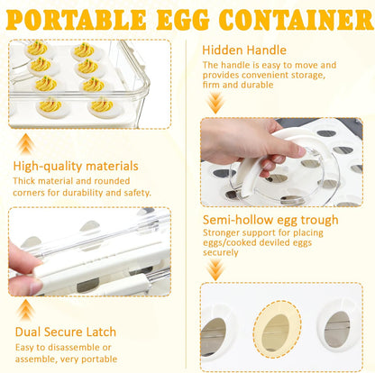 Deviled Egg Containers with Lid & Handle (2 Layer Snap-on) PET Thickened Eggs Holder Inc Egg Slicer Kitchen Tongs Silicone Spatula and Piping Decorating Kit,for Festival Party Brunch