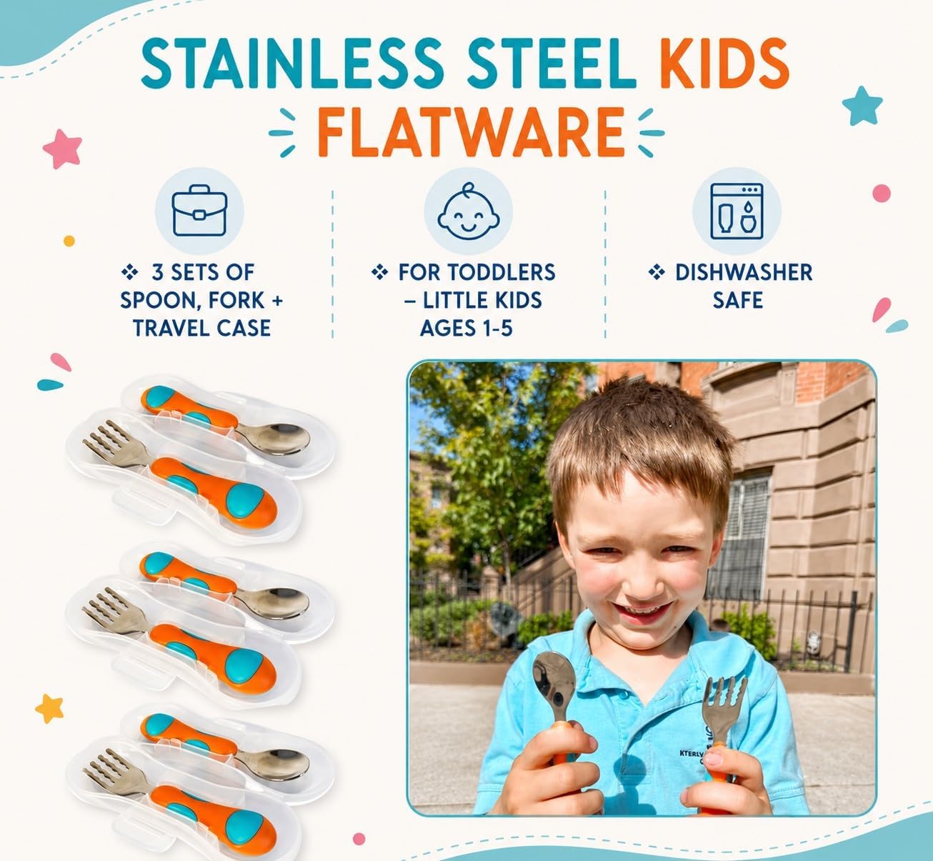 kinsho Toddler Utensils - Kids Silverware Set with Travel Case 3 pack - Stainless Steel Forks Spoons for 1 2 3 4 Years Old. Metal Lunch Box Cutlery for Children Girls, Round Handle, 6 Pieces Pink Blue