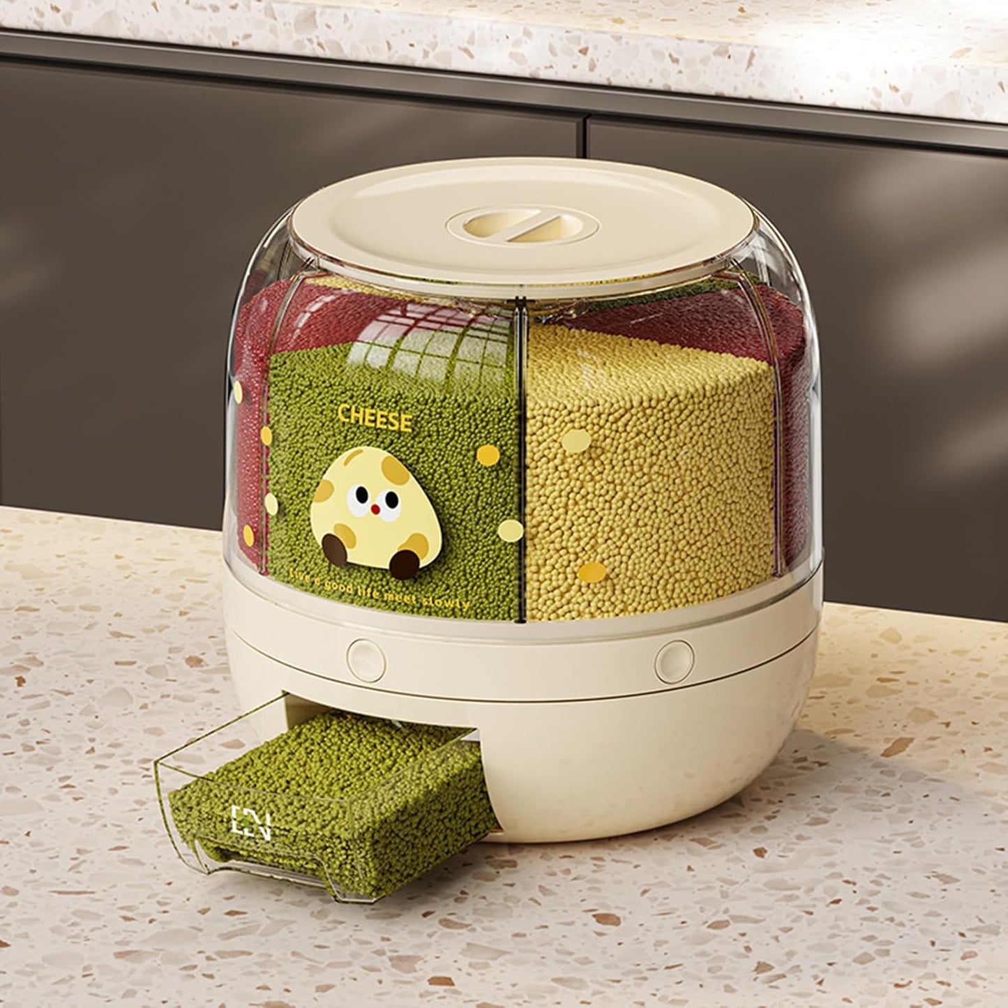 UFORU Rice Dispenser | 360° Rotating Grain Storage Bin - 6 Grids, 20LBS Large Capacity Food Container, Moisture-Proof, One-Click Output for Rice, Beans & Pet Food - Kitchen Pantry Organizer