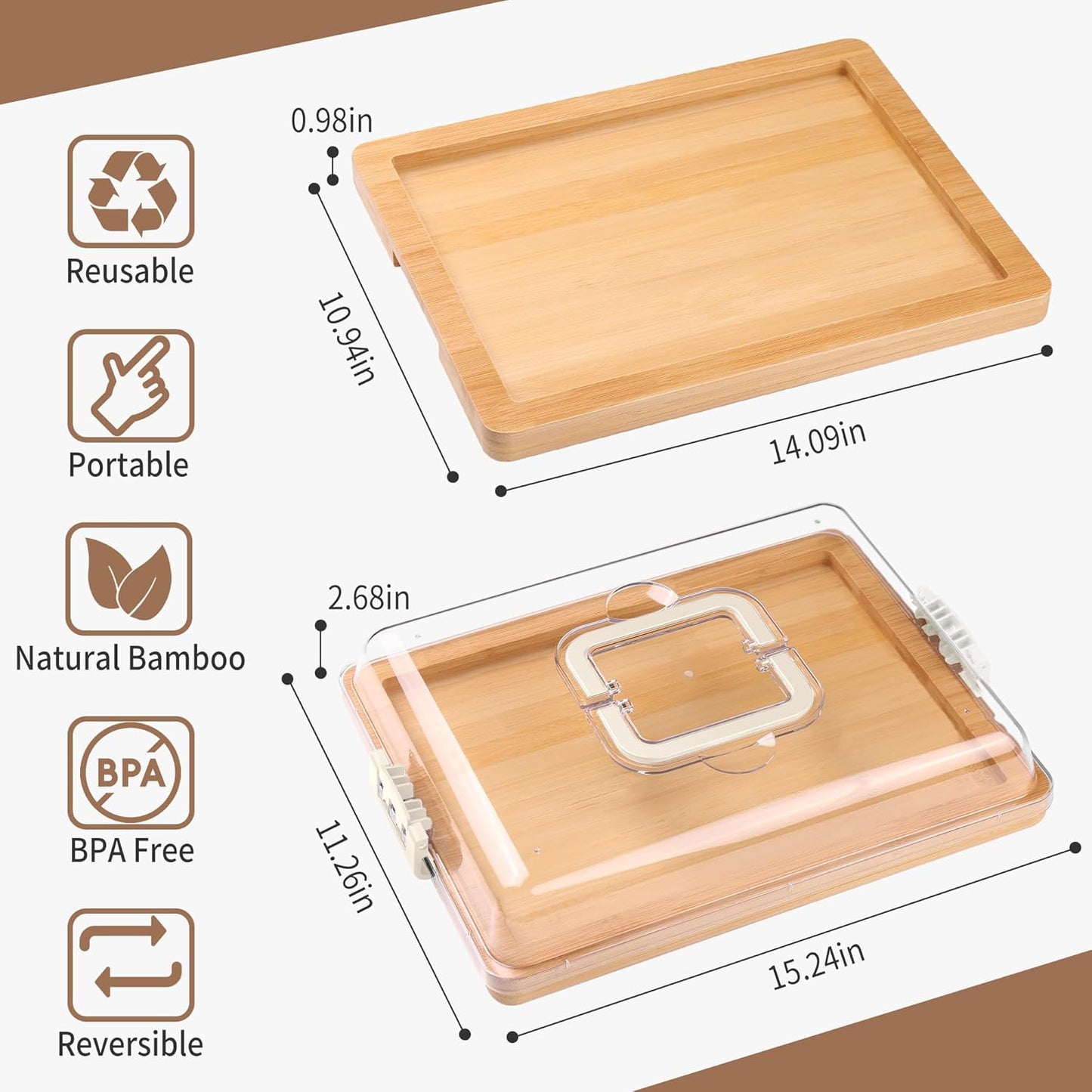 CAWIU Portable Travel Charcuterie Board with Lid and Handle - Large Bamboo Cheese Board with 4 Cheese Knife Set for Outdoor, Picnics - Weddings, House Warming Gift for Women (1 Compartment, White)
