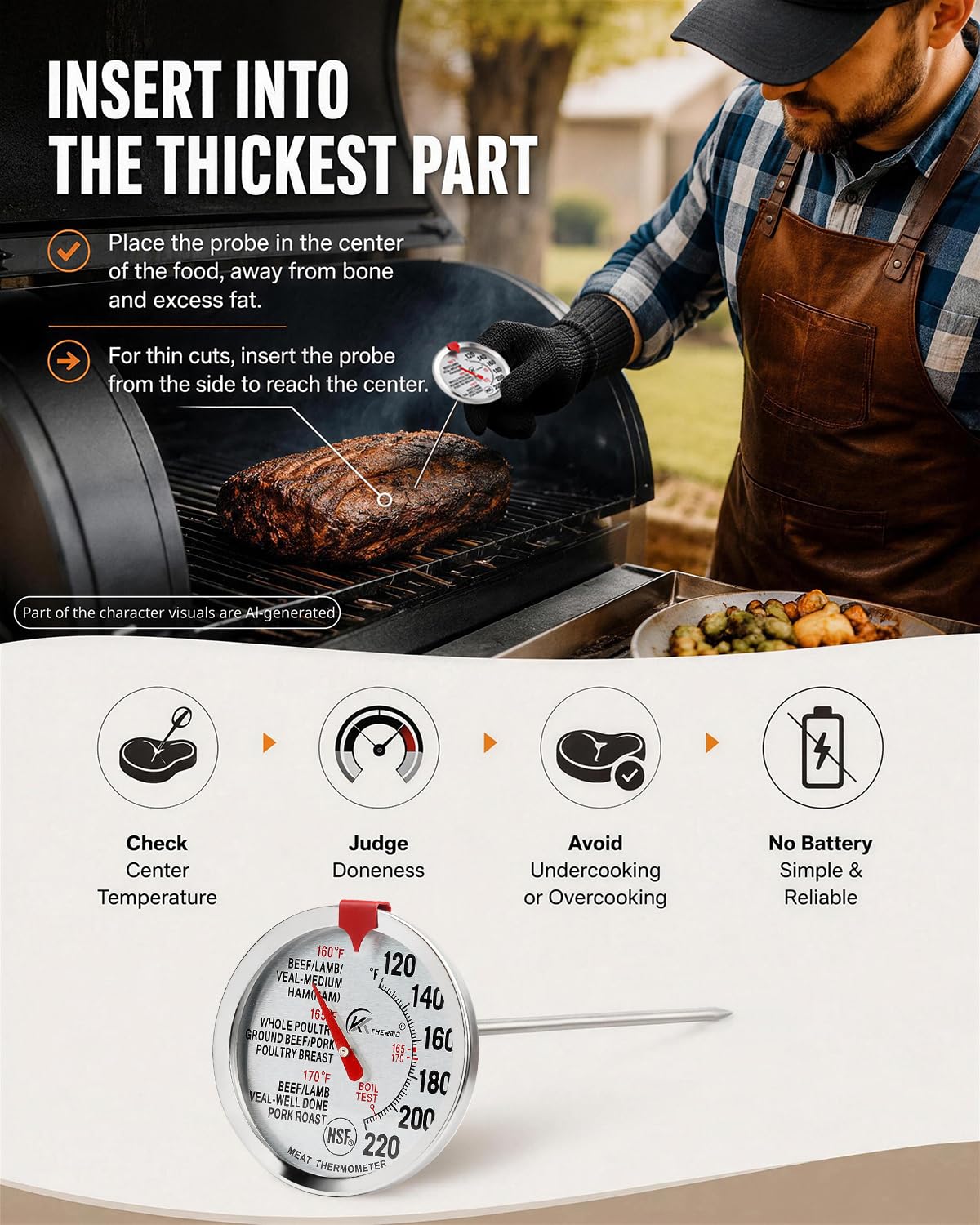 Oven Thermometer 2.75-Inch Dual Scale, 50-300°C/100-600°F, NSF 2‑Pack