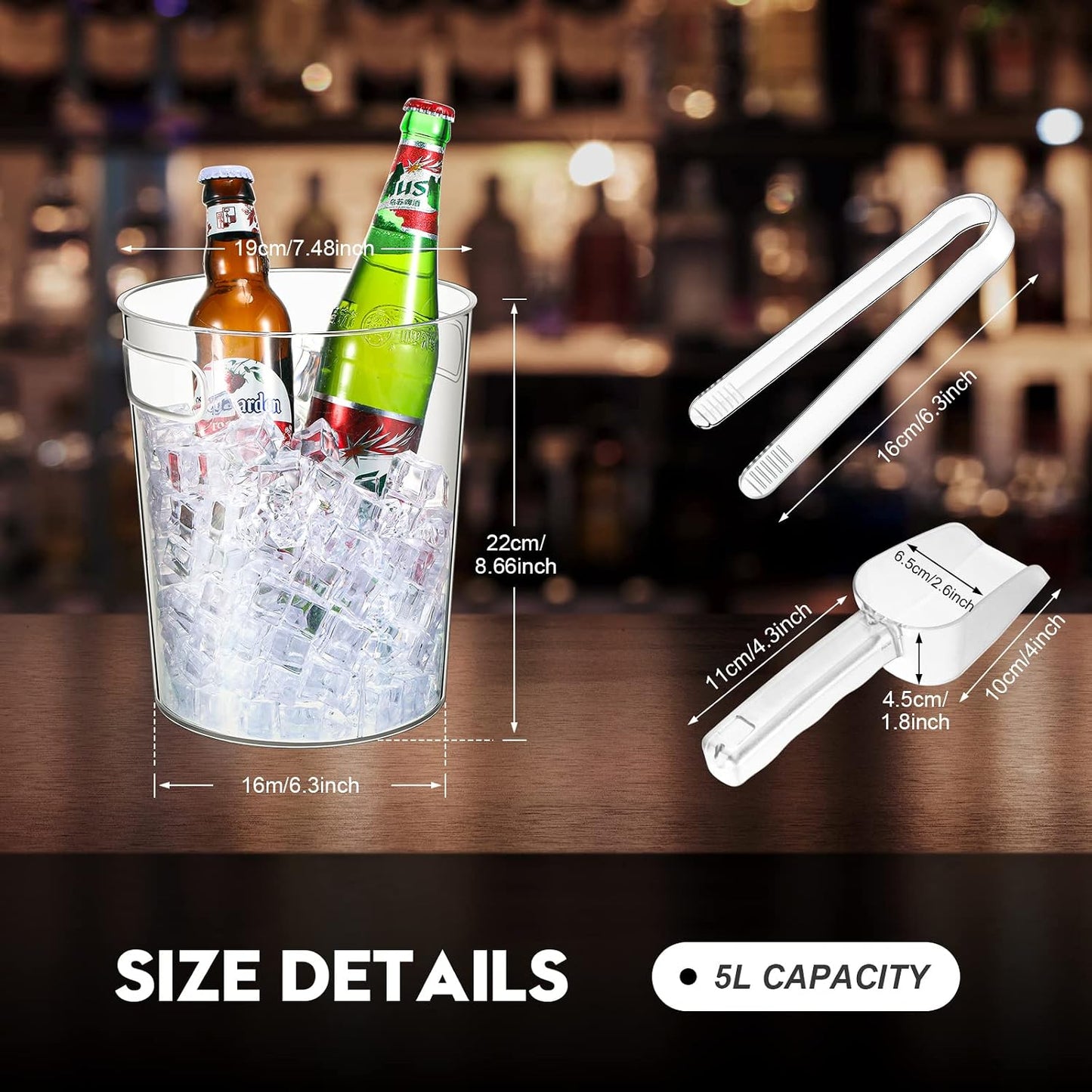 Rtteri 6 Set Plastic Ice Buckets for Parties with Handle, Scoop, Serving Tongs, Large Clear Ice Bucket Round Chiller Beverage Tubs Drink Bottle Cooler for Champagne Beer Wine(5 L)