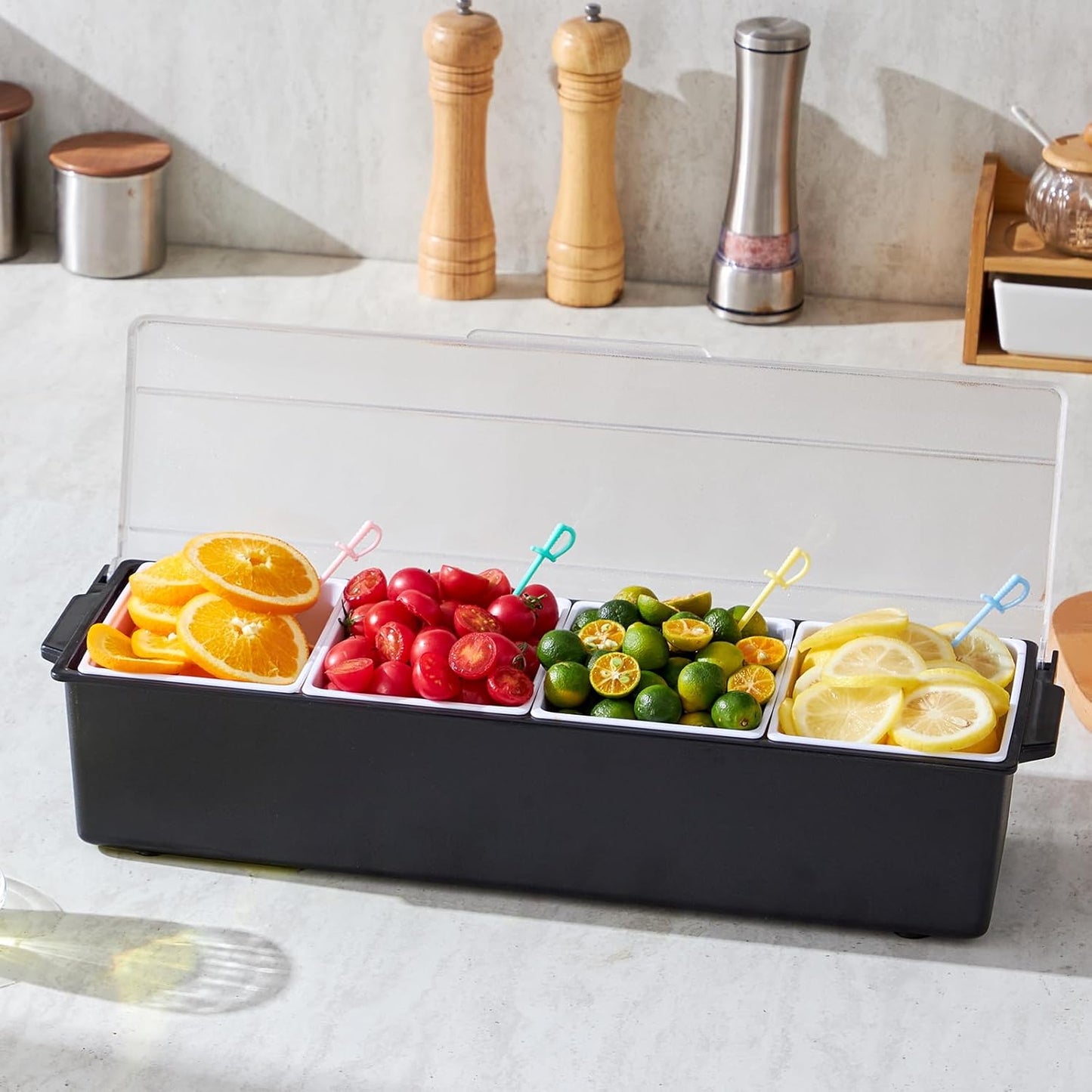 VEVOR Chilled Condiment Server Caddy, 5 Compartment Ice Cooled Serving Container, Plastic Fruit Garnish Tray Platter with Lid, for Taco Salad Bar Accessories, Party Home Restaurant Supplies