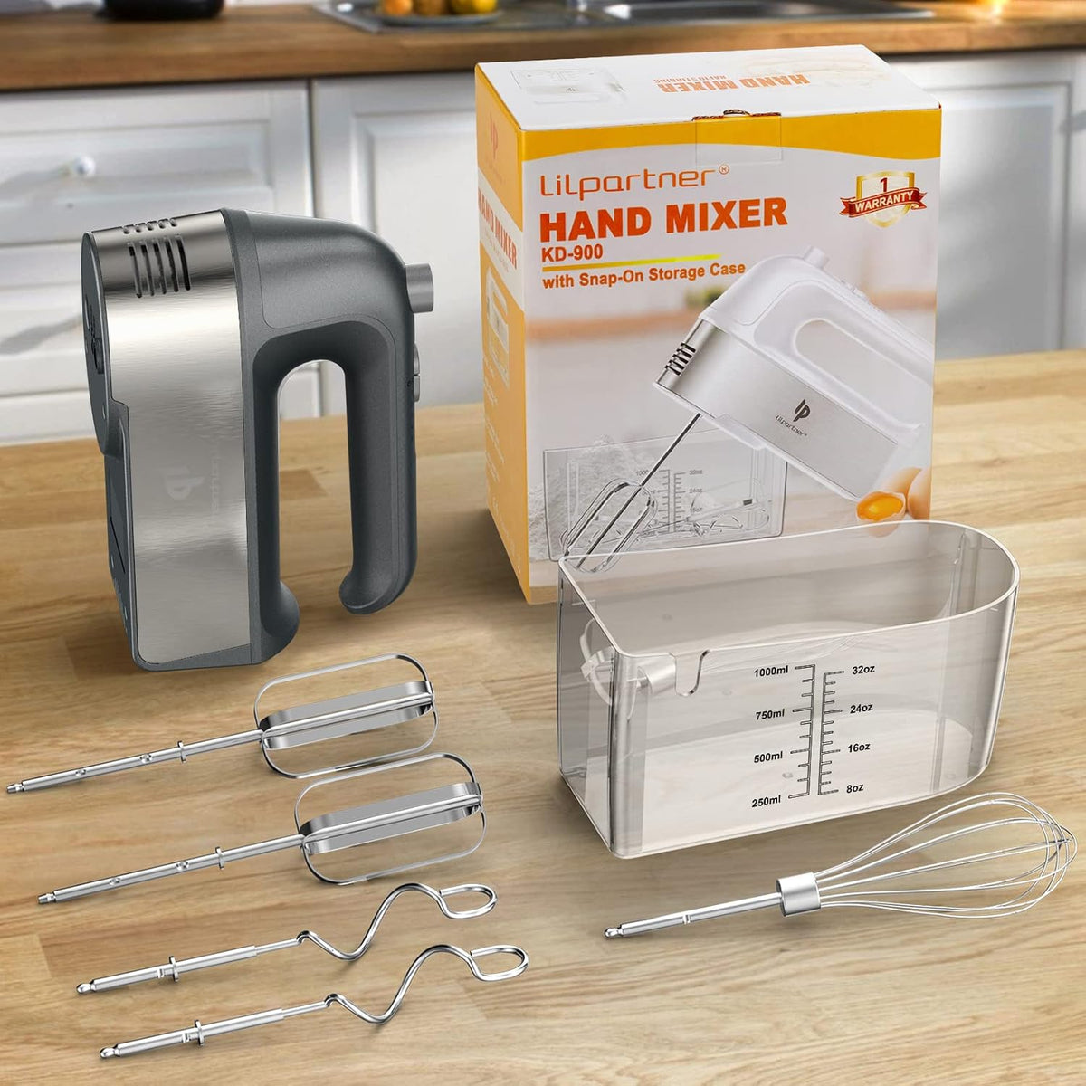 Hand Mixer Electric, 450W Kitchen Mixers with Scale Cup Storage Case, Turbo Boost/Self-Control Speed + 5 Speed + Eject Button + 5 Stainless Steel Accessories, For Easy Whipping Dough, Cream, Black