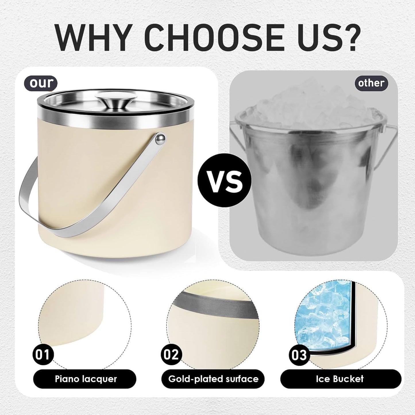 3L beige white Double Wall Insulated Stainless Steel Ice Bucket with scoop for Cocktail Bar,Metal Ice Bucket for freezer with Lid for parties.ice Container to Keep Ice Colder,bar cart accessories