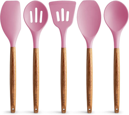 Zulay Kitchen Utensils Set Non-Stick Silicone Cooking Utensils Set with Authentic Acacia Wood Handles - 5 Piece Silicone Utensil Set - Kitchen Utensils Set with 464°F Heat Resistance - Gray