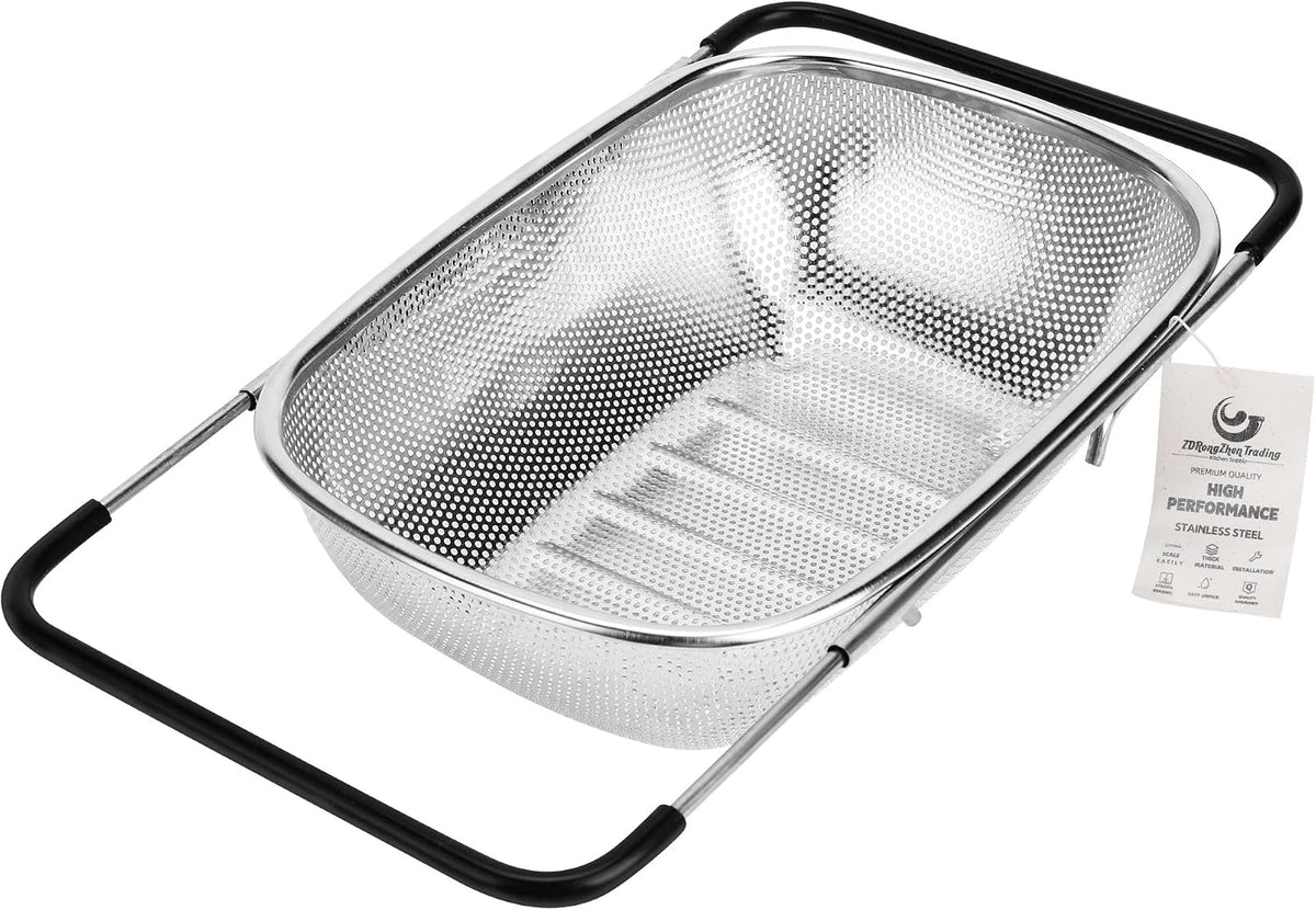 ZDRongZhen Kitchen Accessories Over the Sink Colander Strainer Basket，Stainless Steel Colander with Expandable Rubber Grip Sink Drainer-Rinse Vegetables Fruits &Strain&Drain (Large-Fine mesh)