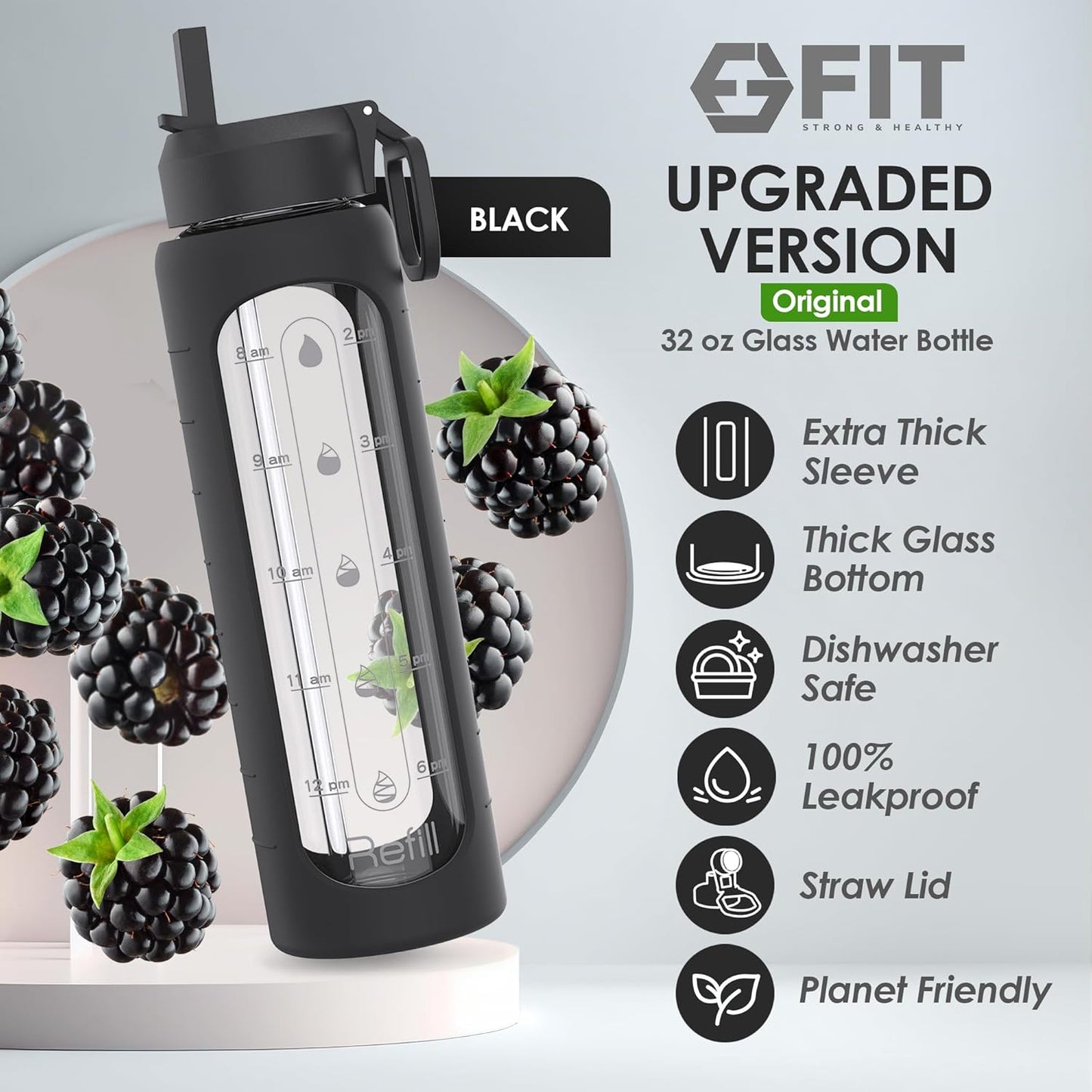 FIT Strong & Healthy 1, 2 & 3 Compartment Glass Meal Prep Containers with BLACK Lids (3 Pack, 35 oz) and 32 oz Glass Water Bottle with Straw Lid, Time Marker, Sleeve & Extra Lid Bundle