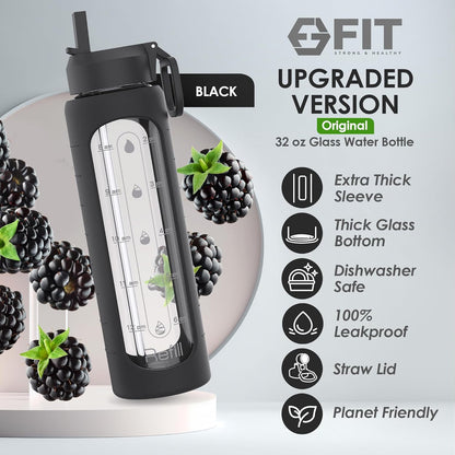 FIT Strong & Healthy 1, 2 & 3 Compartment Glass Meal Prep Containers with BLACK Lids (3 Pack, 35 oz) and 32 oz Glass Water Bottle with Straw Lid, Time Marker, Sleeve & Extra Lid Bundle