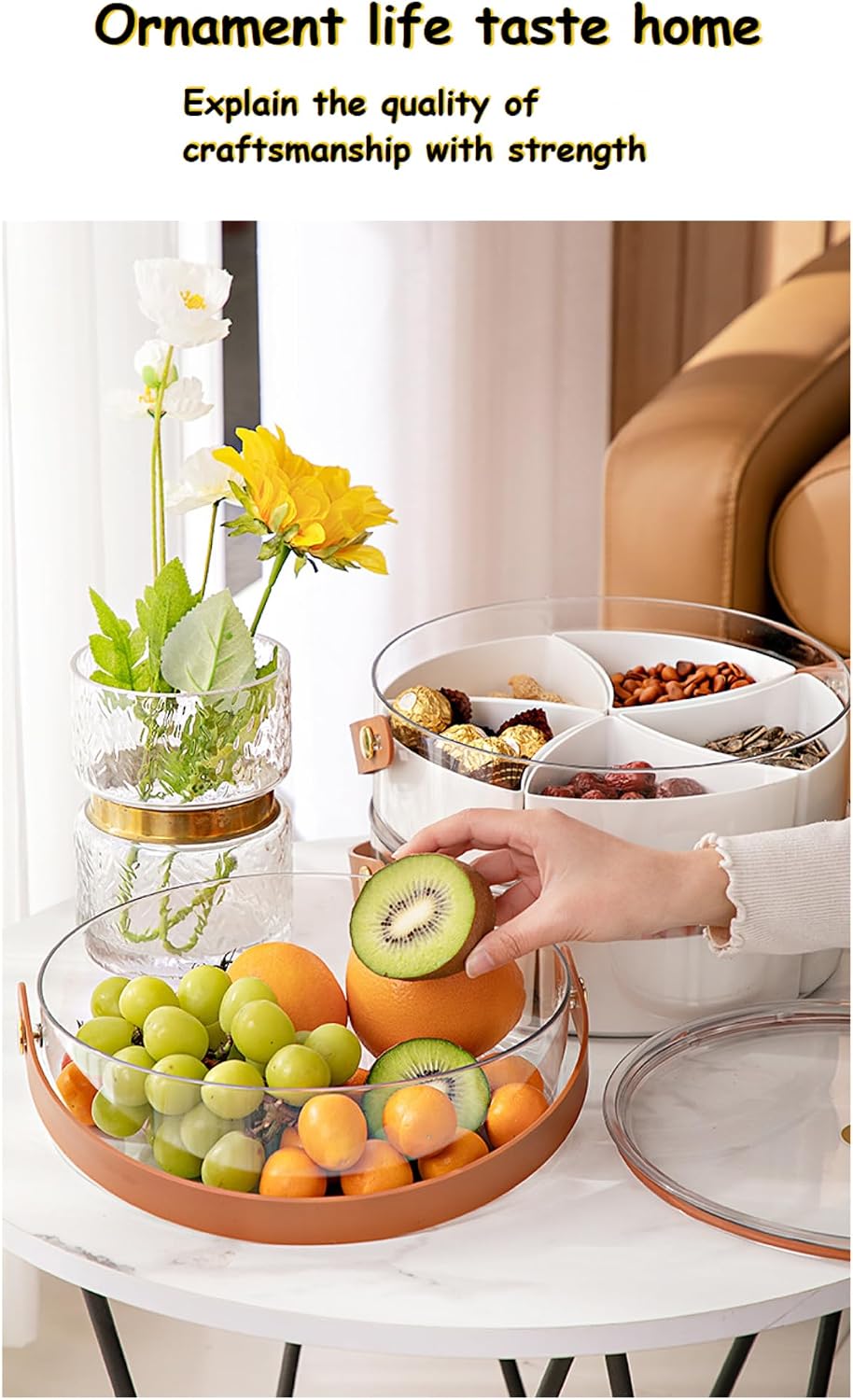 Round Plastic Divided Snack Box with Lid & Handle – Snackle Box Container for Fruits, Veggies, Candy, Travel, and Party Serving.